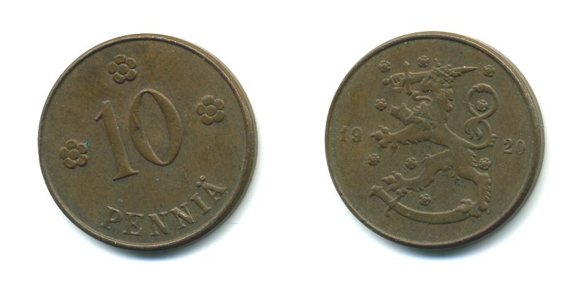 Финляндия 10 пенни 1920 республика (1918-1962) KM 24 медь 36-212