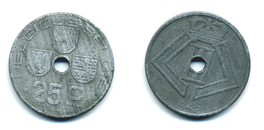 БЕЛЬГИЯ 25 САНТИМОВ 1942 BELGIQUE-BELGIE, ГЕРМАНСКАЯ ОККУПАЦИЯ, ВТОРАЯ МИРОВАЯ ВОЙНА KM 131 цинк 57-236