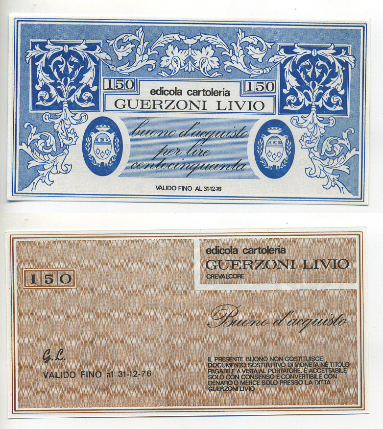 Италия купон на 150 лир ND канцелярский магазин, guerzoni livio, действителен ДО 31.12.1976 бумага UNC (пресс) 7221-2-1-1
