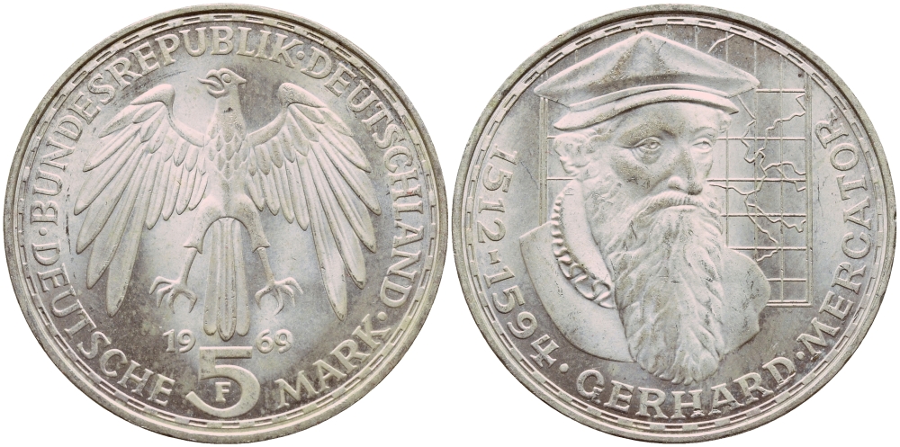 ФРГ 5 марок 1969 F, 375 лет со дня смерти Герарда Меркатора J. 400, KM 126.1 серебро aUNC 1529-222