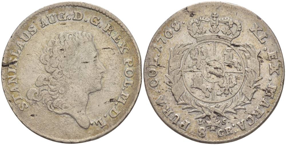 Польша 8 грошей (2 злотых) 1768 IS, Станислав II Август Понятовский (1764-1794), вес 8,83 г KM 186.2 (C53.2), Kopinski 410.3b серебро 00-813-03
