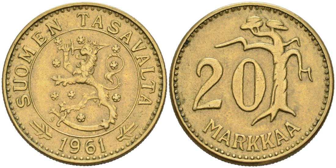 ФИНЛЯНДИЯ 20 МАРОК 1961 S KM 39 алюминиевая бронза 4563-255
