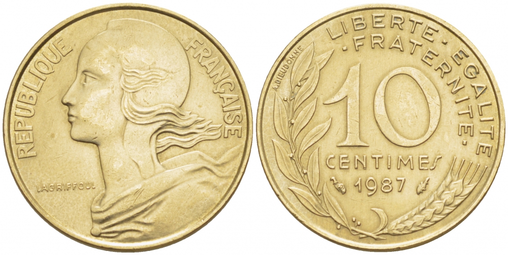 ФРАНЦИЯ 10 САНТИМОВ 1987 ТИП MARIANNE KM 929 медь алюминий никель 112-1023