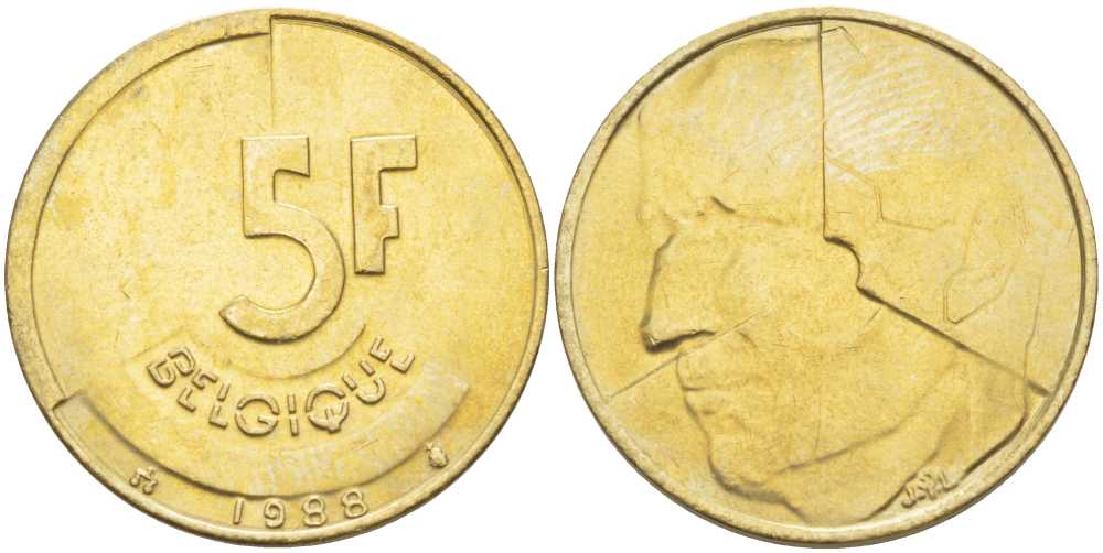 БЕЛЬГИЯ 5 ФРАНКОВ 1988 BELGIQUE KM 163 латунь или алюминиевая бронза 4391-311
