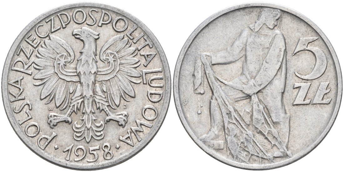 Польша 5 злотых 1958 рыбаК, редкий год KM 47 алюминий 4572-343