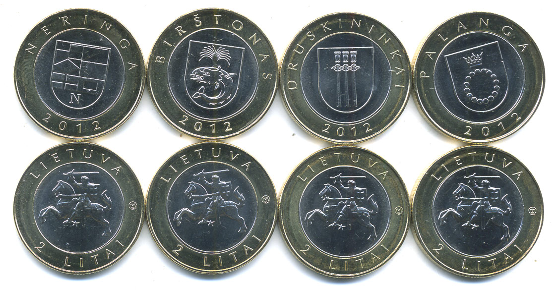 Литва набор из 4 монет по 2 лита 2012 курорты Литвы: Паланга, Бирштонас, Неринга, Друскининкай биметалл UNC M75-20