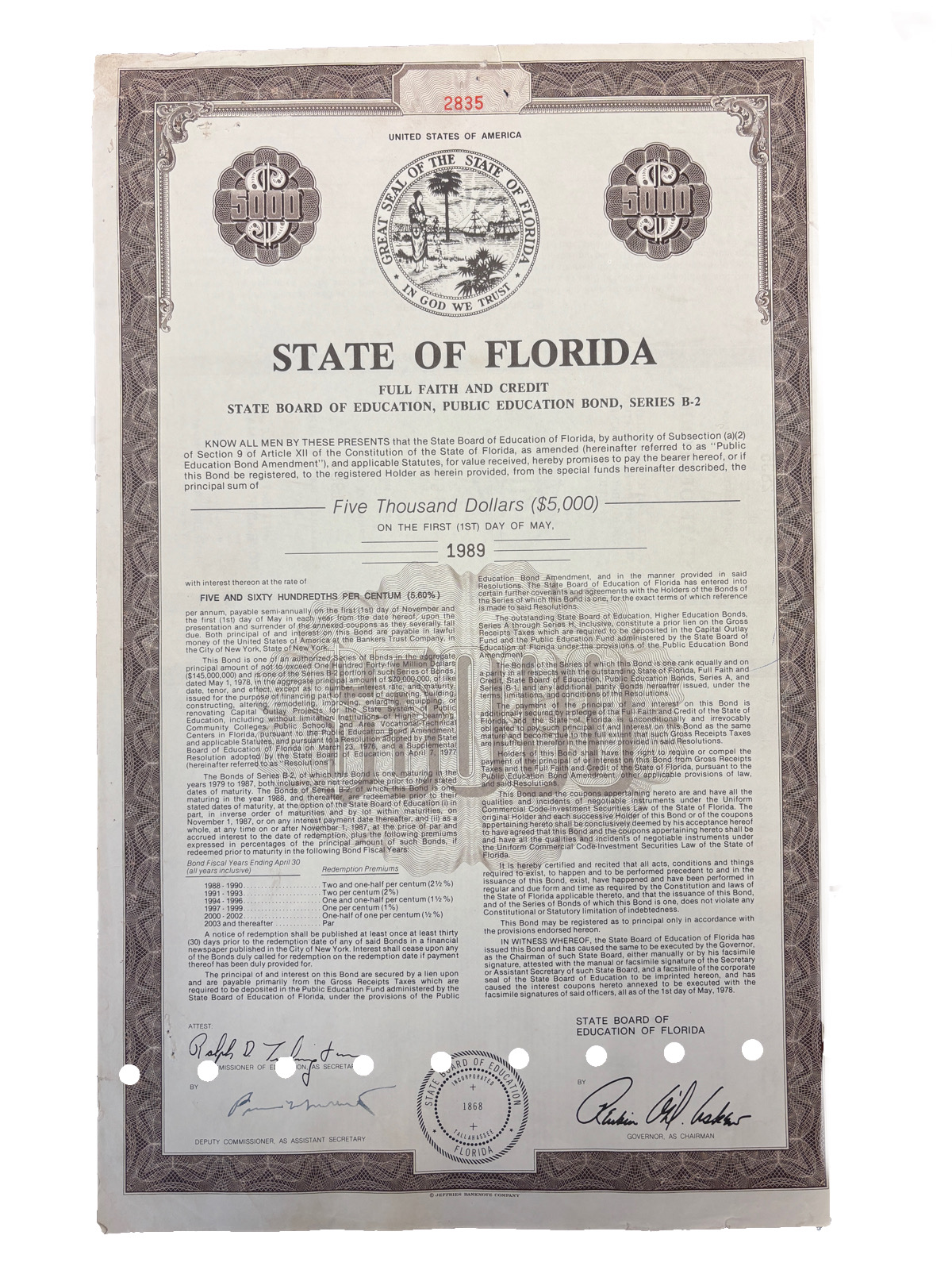 State of Florida Full Faith and Credit Education Bond, Series B-2, $5000 (1978/1989) / американская облигация штата Флорида номиналом 5000 долларов, выпущенная для финансирования образовательных программ. Серия B-2,  1989 5553-9