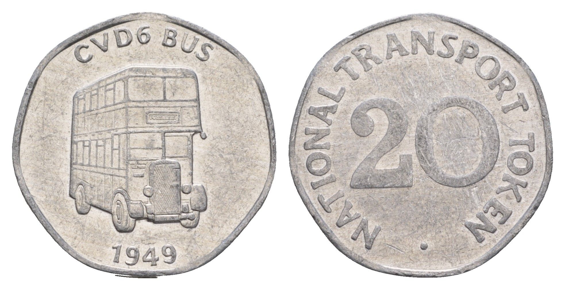Великобритания транспортный жетон в 20 пенсов - CVD6 Bus 1949 ND (1973-2014) диаметр 25 мм, вес 1,5 гр алюминий 4656-354