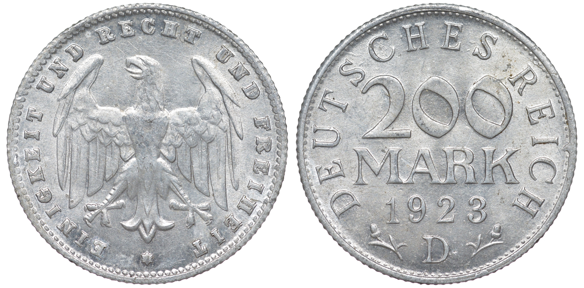 Германия 200 марок 1923 D KM 35, J. 304, Weege 22 алюминий 4604-613