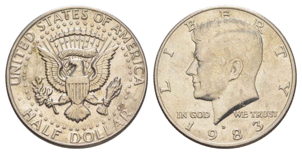 США 1/2 доллара (50 центов) 1983 D, Джон Кеннеди KM A202b медь плакированная медно-никелем aUNC 180-441