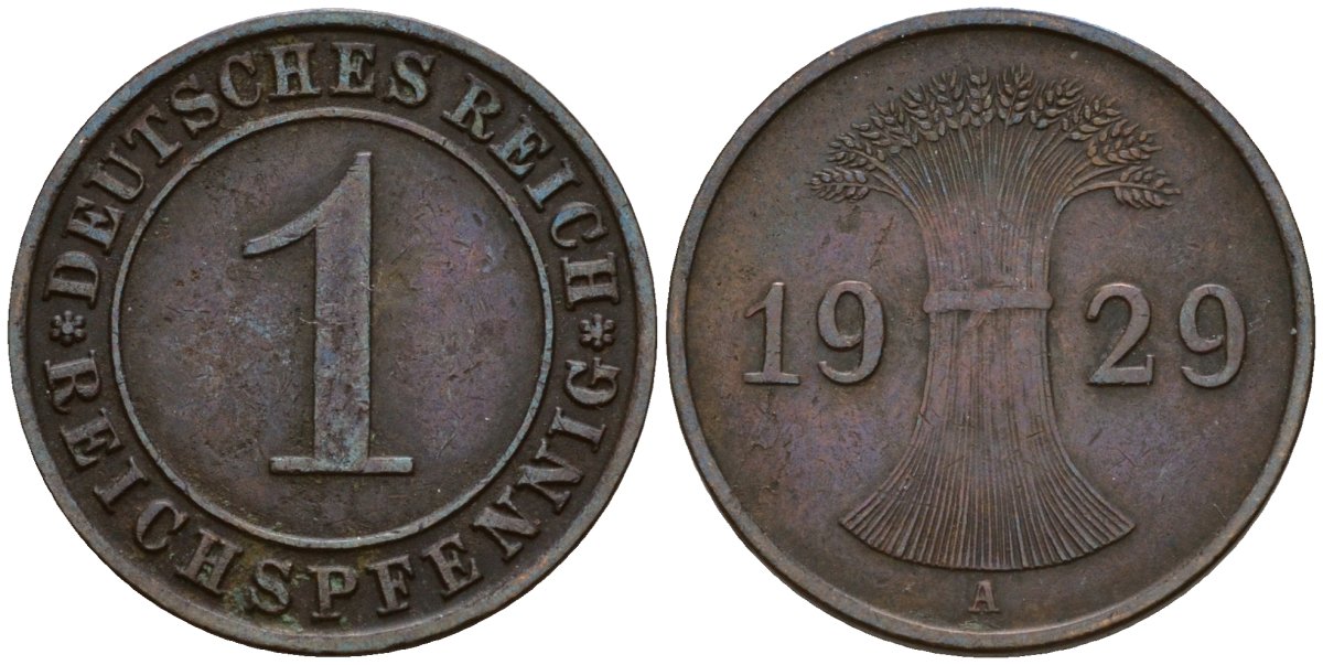 Германия 1 рейхспфенниг 1929 A KM 37, J. 313 бронза 192-959