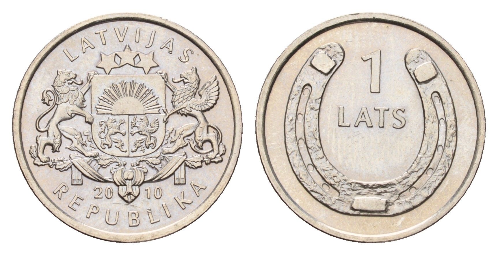 Латвия 1 лат 2010 Подкова, концами, направленными вверх KM 117 медно-никель UNC 4679-355