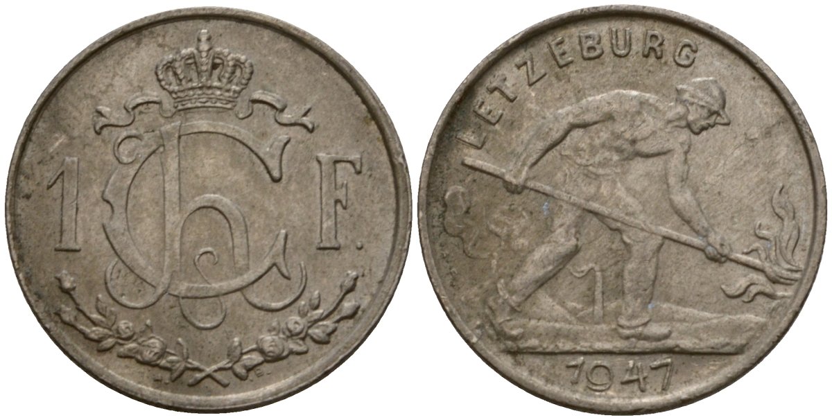 Люксембург 1 франк 1947 Шарлотта (1918-1964), сталевар KM 46.1 медно-никель 4603-1115