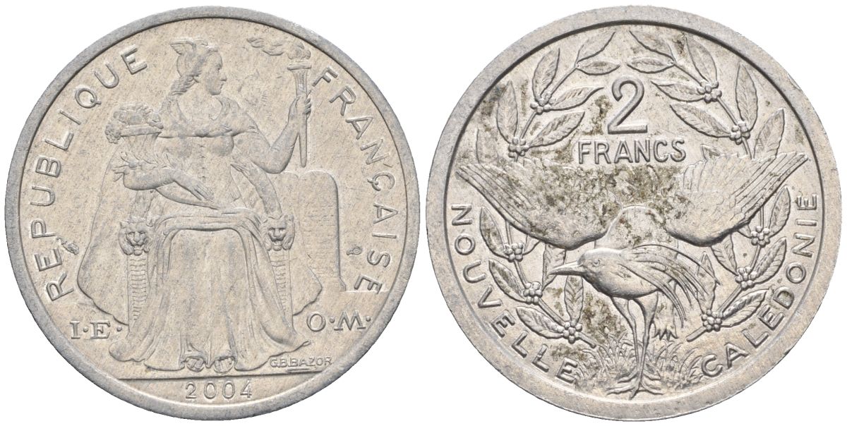 Французская Новая Каледония 2 франка 2004 птица кагу, (IEOM) KM 14, Schoen 11, Lec 68i алюминий    25-2211