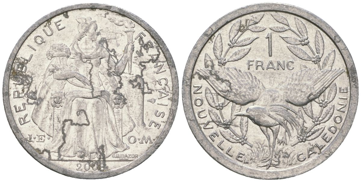 Французская Новая Каледония 1 франк 2008 птица кагу, (IEOM) KM 10, Schoen 10 алюминий 55-614