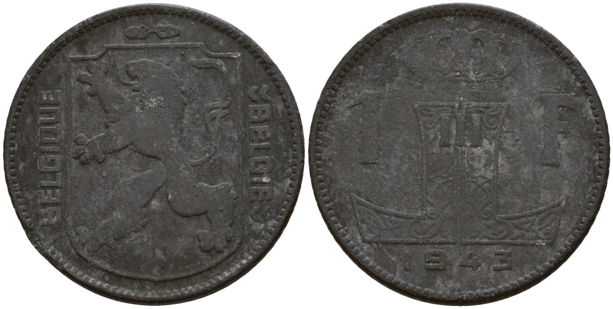 Бельгия 1 франк 1943 Belgique - Belgie, Леопольд III (1934-1947), германская оккупация, Вторая мировая война KM 127 цинк 4161-517