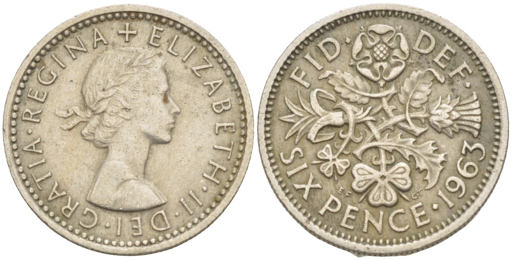 Великобритания 6 пенсов 1963 Елизавета II (1952-2022) KM 903, Spink 4149 медно-никель 4525-841