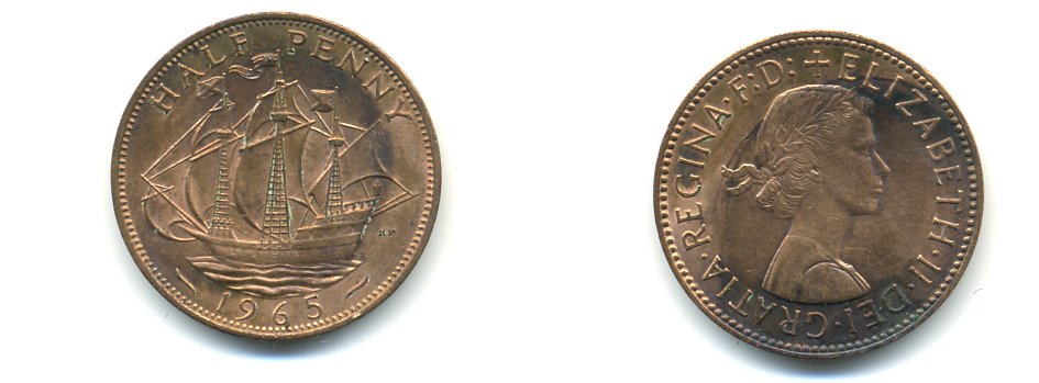 Великобритания 1/2 пенни 1965 Елизавета II (1952-2022) KM 896, Spink 4158 бронза 59-1322