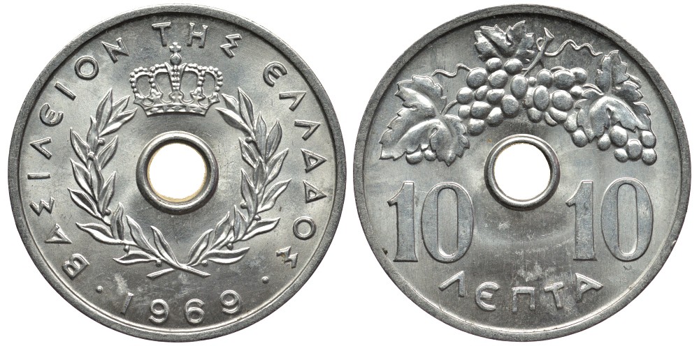 Греция 10 лепта 1969 Константин II (1964-1973), виноградная гроздь KM 78 алюминий UNC 4538-941