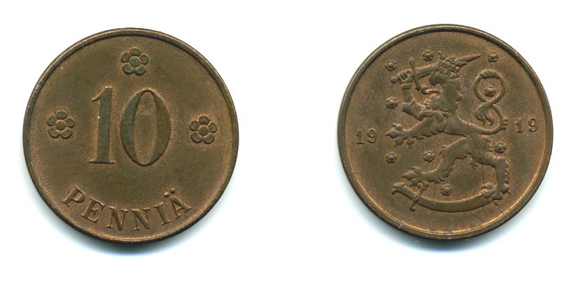 Финляндия 10 пенни 1919 KM 24 медь 37-225