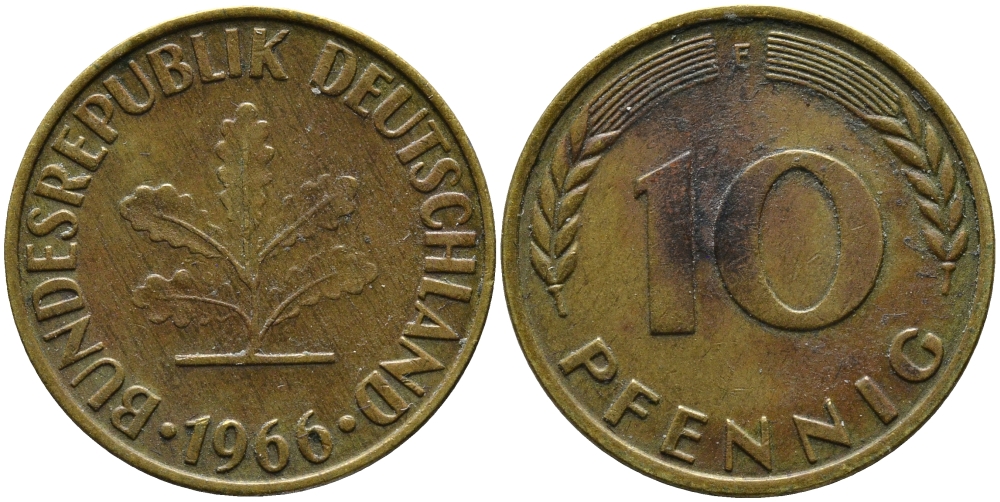 ФРГ 10 ПФЕННИГОВ 1966 F KM 108, J.383 сталь плакированная латунью 98-414