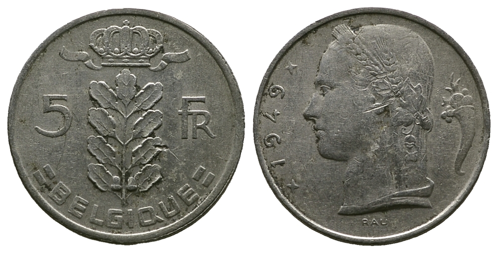 Бельгия 5 франков 1949 Леопольд III (1934-1950), Belgique KM 134.1 медно-никель 4384-127