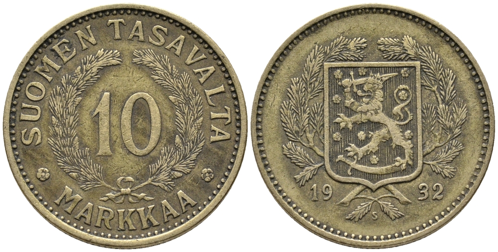 Финляндия 10 марок 1932 S KM 63 алюминиевая бронза 32-732