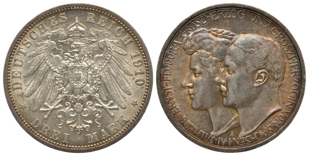 Саксен-Веймар-Эйзенах 3 марки 1910 A, на вторую свадьбу Вильгельма Эрнста и Феодоры Weege 158, J. 162, KM 176 серебро 00-812-03