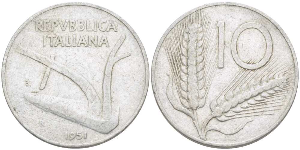 ИТАЛИЯ 10 ЛИР 1951 R, ПЛУГ, КОЛОСЬЯ KM 93 алюминий 175-333