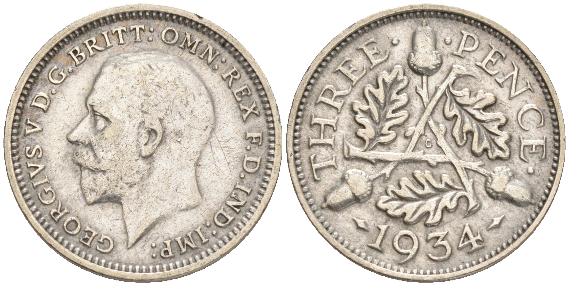 Великобритания 3 пенса 1934 Георг V (1910-1936) KM 831, Spink 4042 серебро 192-213