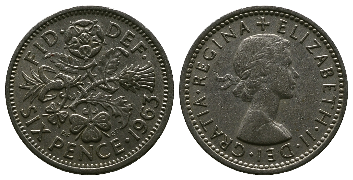 Великобритания 6 пенсов 1963 Елизавета II (1952-2022) KM 903, Spink 4149 медно-никель 4381-765