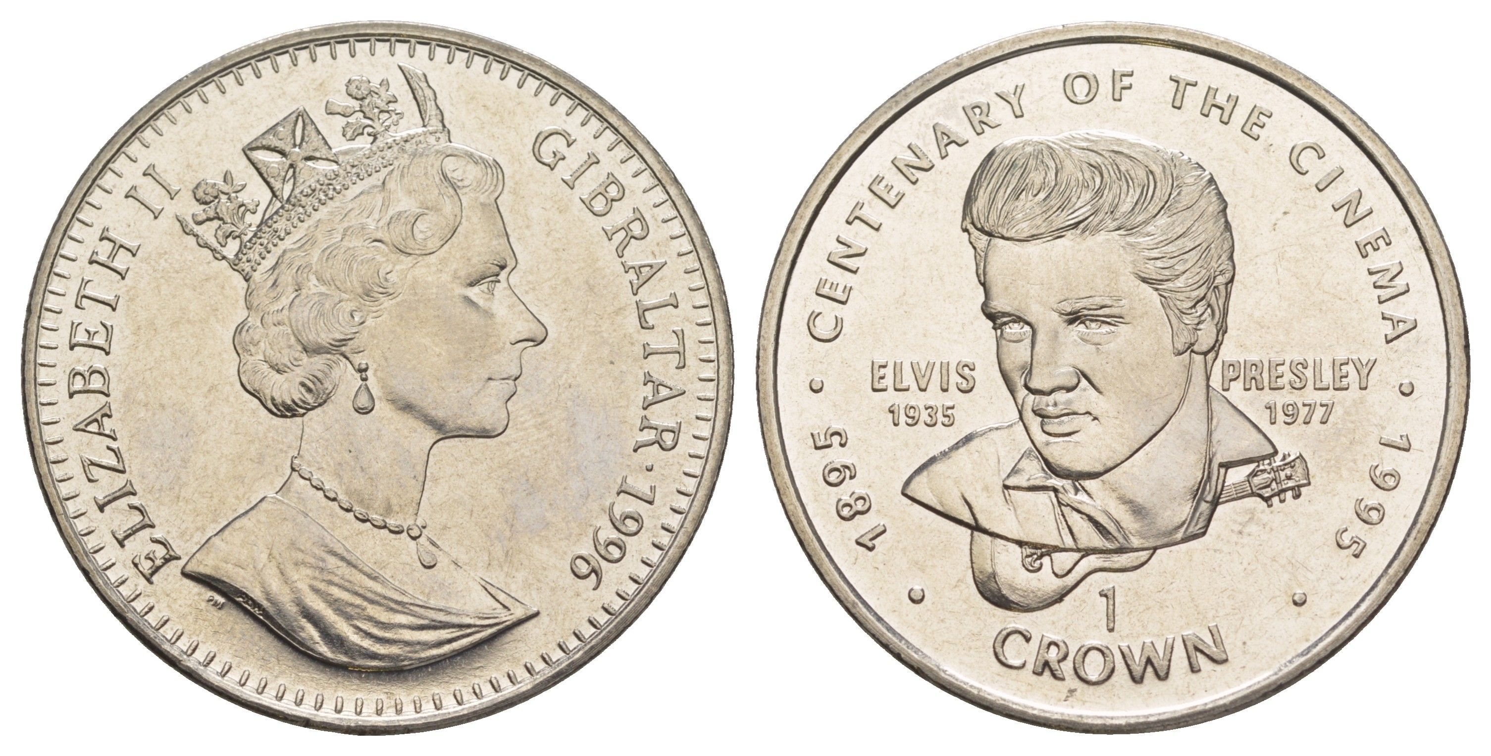 Гибралтар 1 крона 1996 100 лет кино. Элвис Пресли KM 465 медно-никель UNC 1082-4-33