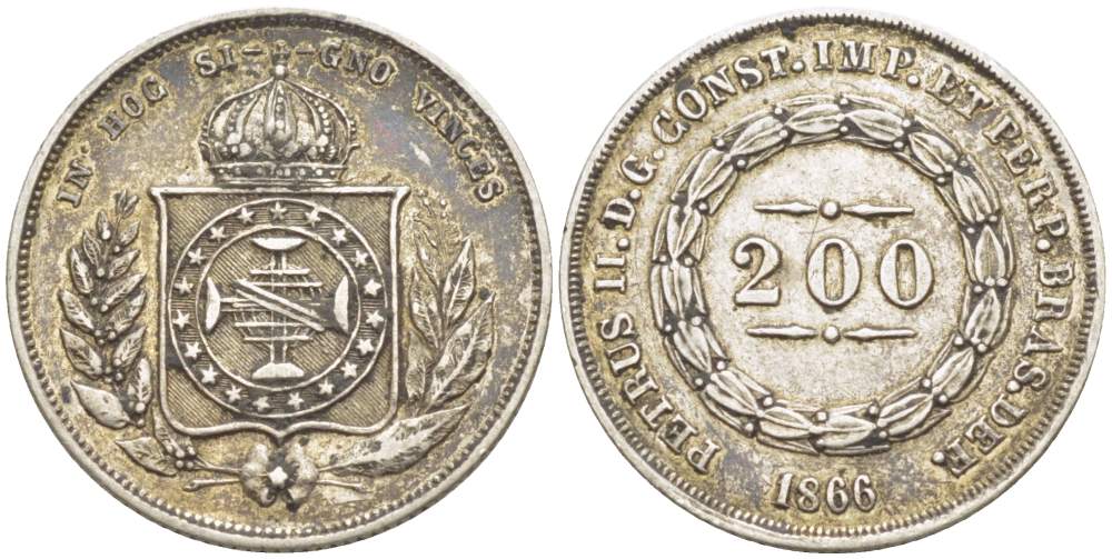 Бразилия 200 рейс 1866 Педро II (1831-1889) KM 469 серебро    4528-145