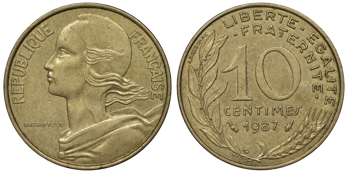 Франция 10 сантимов 1987 тип Marianne KM 929, Le Franc 144.27 медь алюминий никель 4128-214