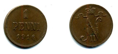 РОССИЯ ДЛЯ ФИНЛЯНДИИ 1 ПЕННИ 1916 НИКОЛАЙ II (1895-1917) KM 13, Биткин 476 медь 57-1129