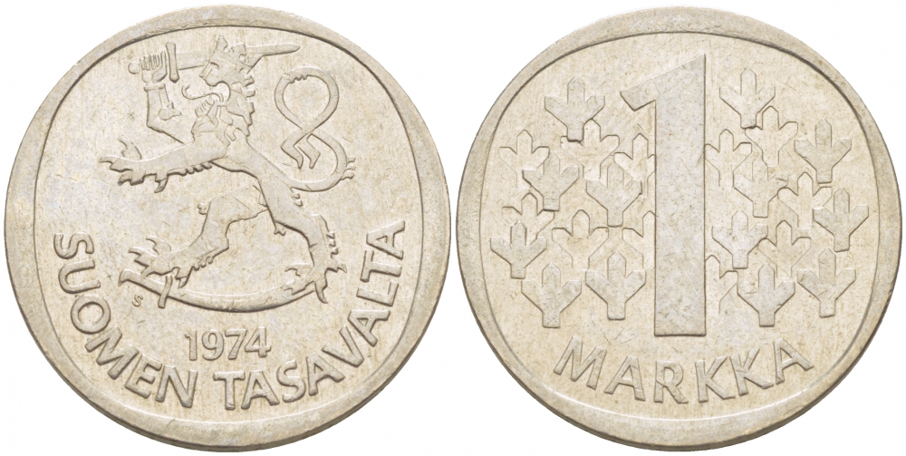 ФИНЛЯНДИЯ 1 МАРКА 1974 S KM 49а медно-никель 3718-1243