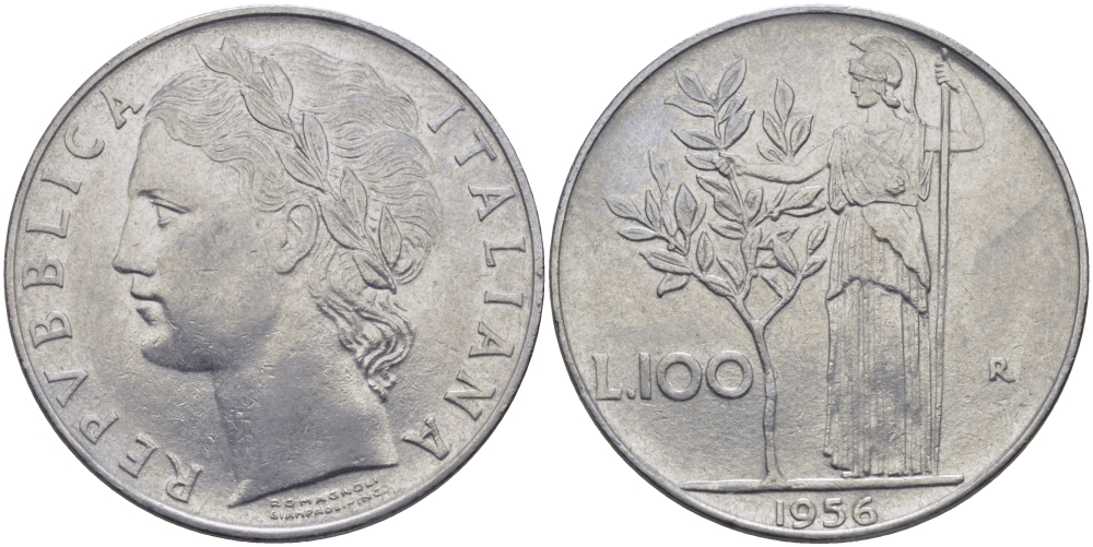 ИТАЛИЯ 100 ЛИР 1956 R, АФИНА KM 96.1 нержавеющая сталь 97-1026