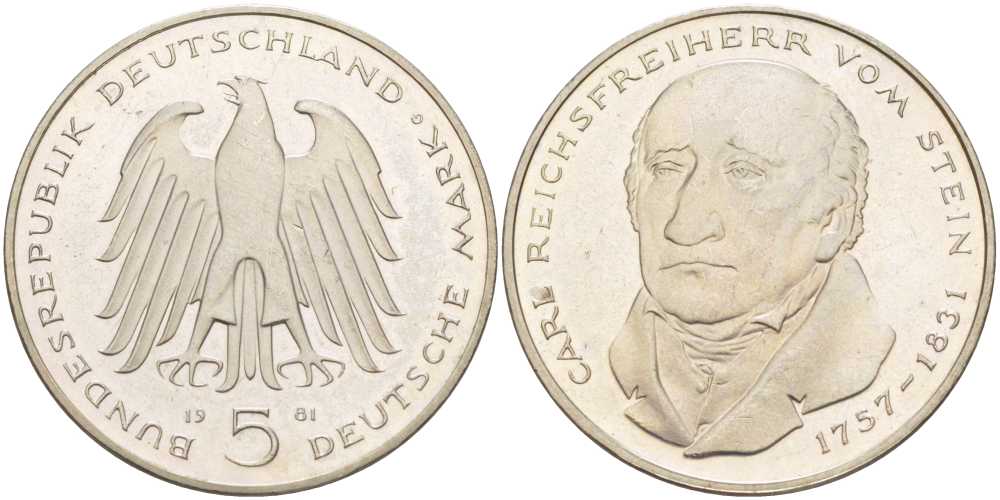 ФРГ 5 марок 1981 G, 150 лет со дня смерти Карла фон Штейна KM 155, J. 430 медно-никель плакированный никелем 180-1036