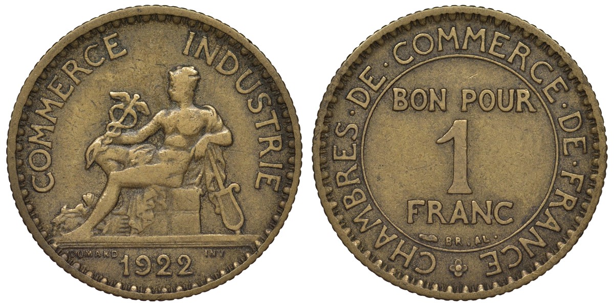 Франция 1 франк 1922 тип Chambres de Commerce KM 876, Le Franc 218.4 алюминиевая бронза 4128-256
