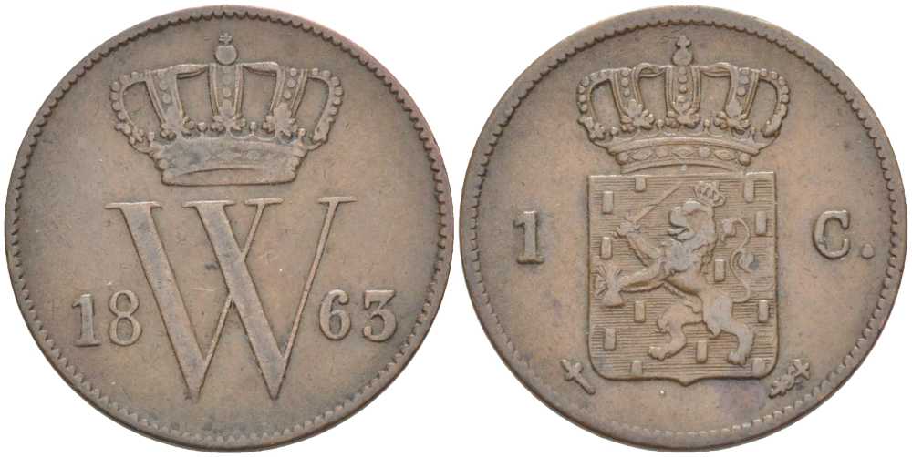 НИДЕРЛАНДЫ 1 ЦЕНТ 1863 KM 100 медь 111-931