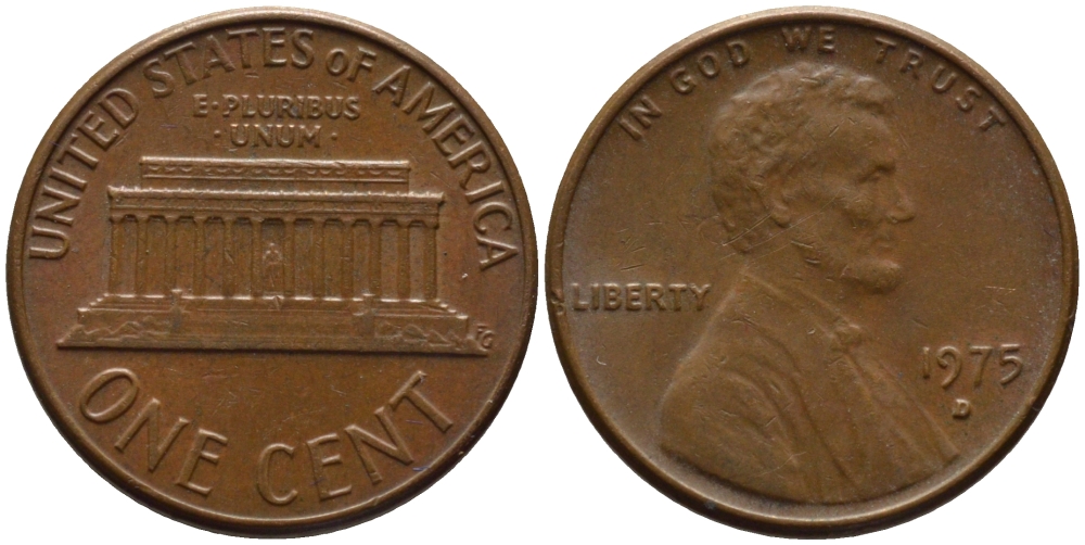 США 1 ЦЕНТ 1975 D, ЛИНКОЛЬН KM 201 медь цинк 66-1017