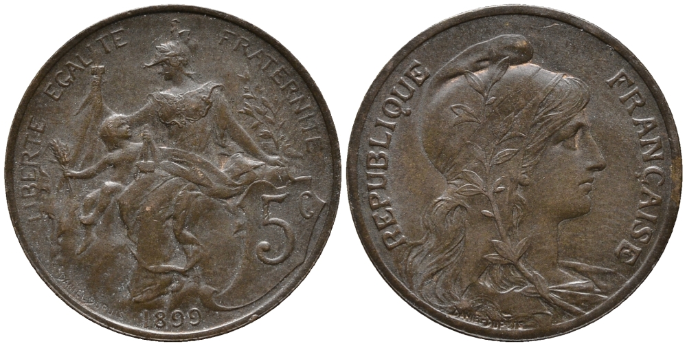 ФРАНЦИЯ 5 САНТИМОВ 1899 ТИП ДАНИЭЛЬ ДЮПЮИ KM 842, LE FRANC 119.7 бронза 34-1223