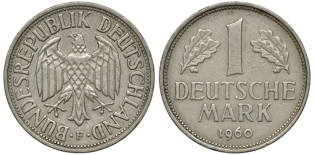 ФРГ 1 МАРКА 1960 F J 385, KM 110 медно-никель 72-657