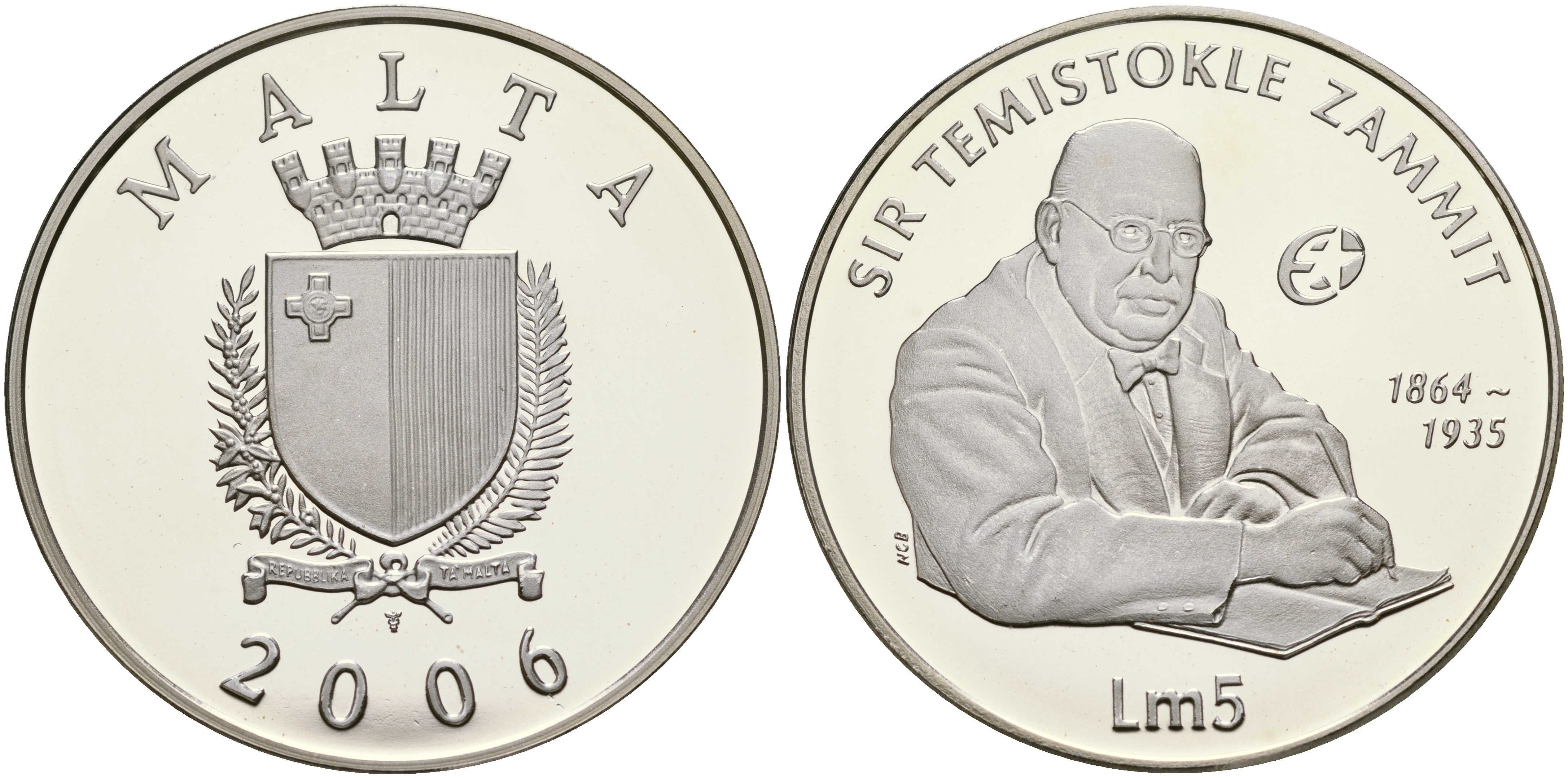 Мальта 5 лир 2006 Темистоклес Заммит (Сэр Теми Заммит), археолог, историк, писатель, профессор химии и врач KM 138 серебро PROOF 01-165-32