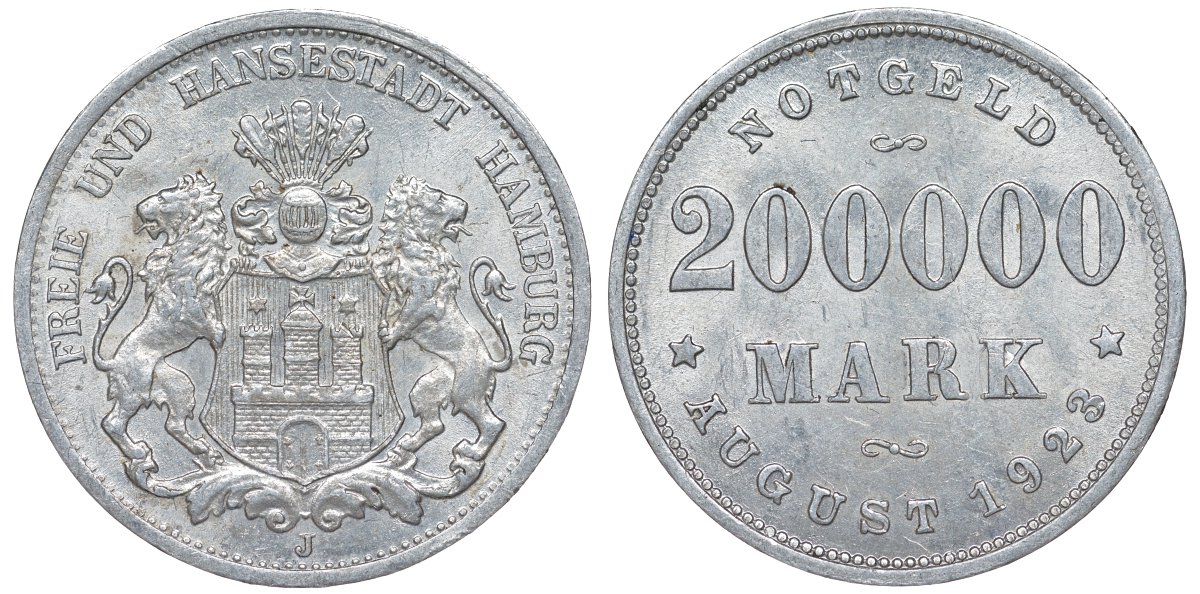 Гамбург 200000 марок 1923 Funck 636.1, Men18 13079.17 алюминий  aUNC 4176-124
