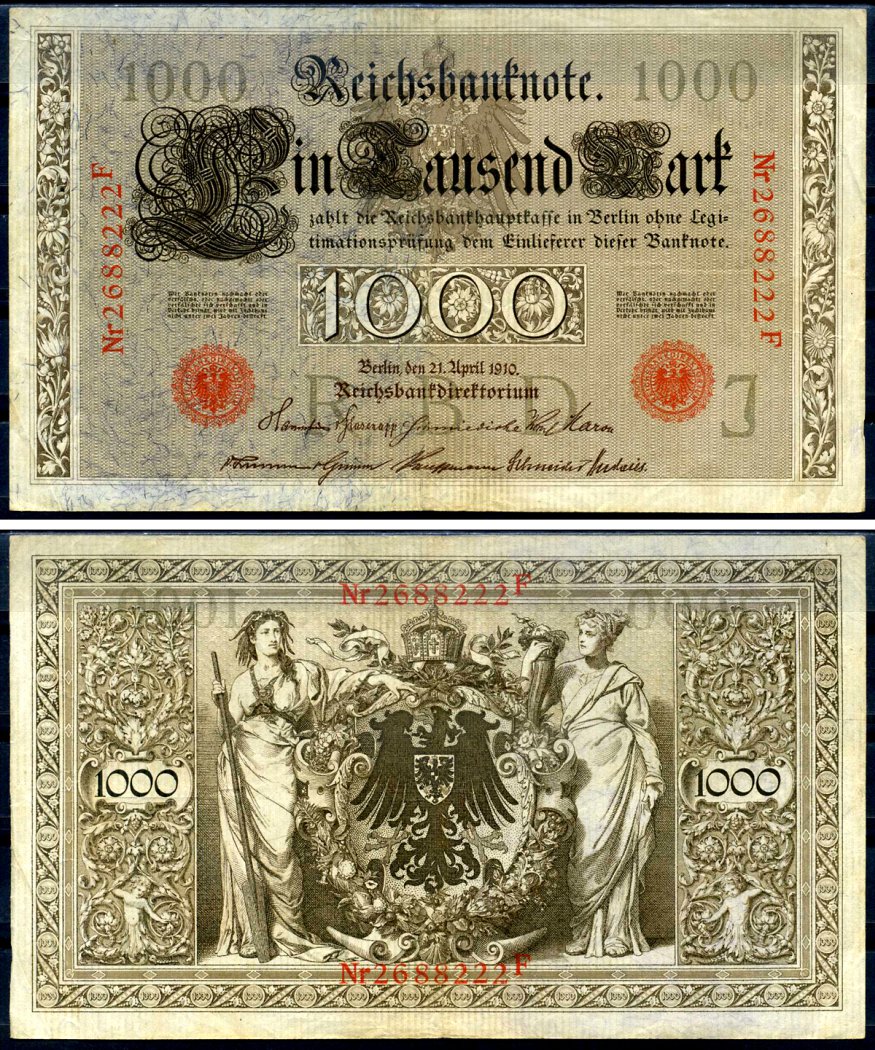 Германия 1000 марок 1910 21 апреля 1910, красная печать, номер семизначный, серия F, буква J, выпуск АПРЕЛЬ - ИЮЛЬ 1918 Pick 44 b бумага 7552-14-2-1