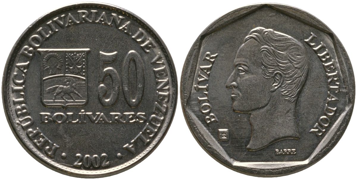 Венесуэла 50 боливаров 2002 B KM 82 сталь плакированная никелем 4529-117