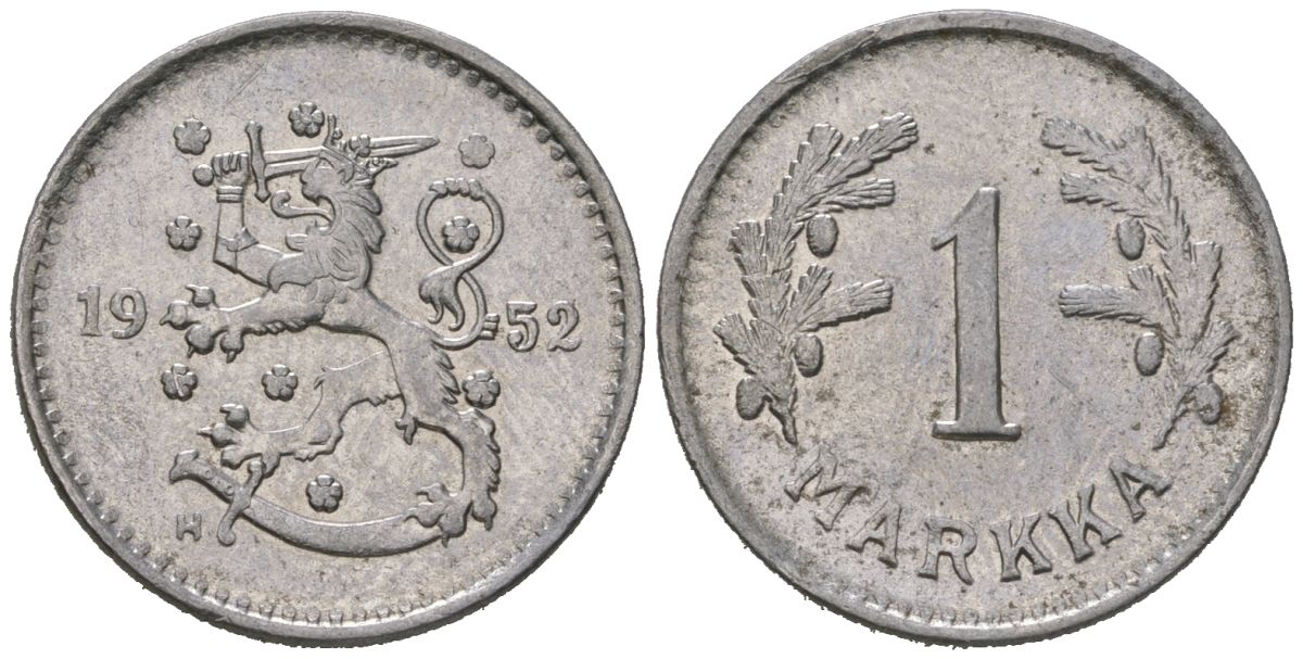 Финляндия 1 марк 1952 H KM 30b железо aUNC 4115-428