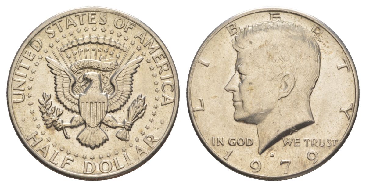США 1/2 доллара (50 центов) 1979 D, Джон Кеннеди KM A202b медь плакированная медно-никелем aUNC 4117-934