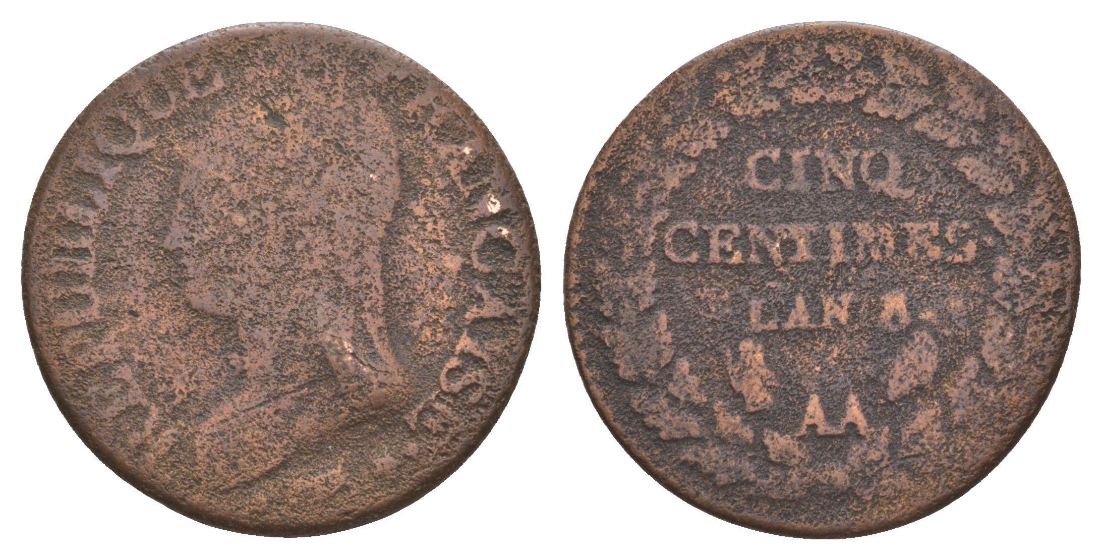 Франция 5 сантимов 1796 Lan 5, AA KM 640, Le Franc 115/6 медь 4657-914